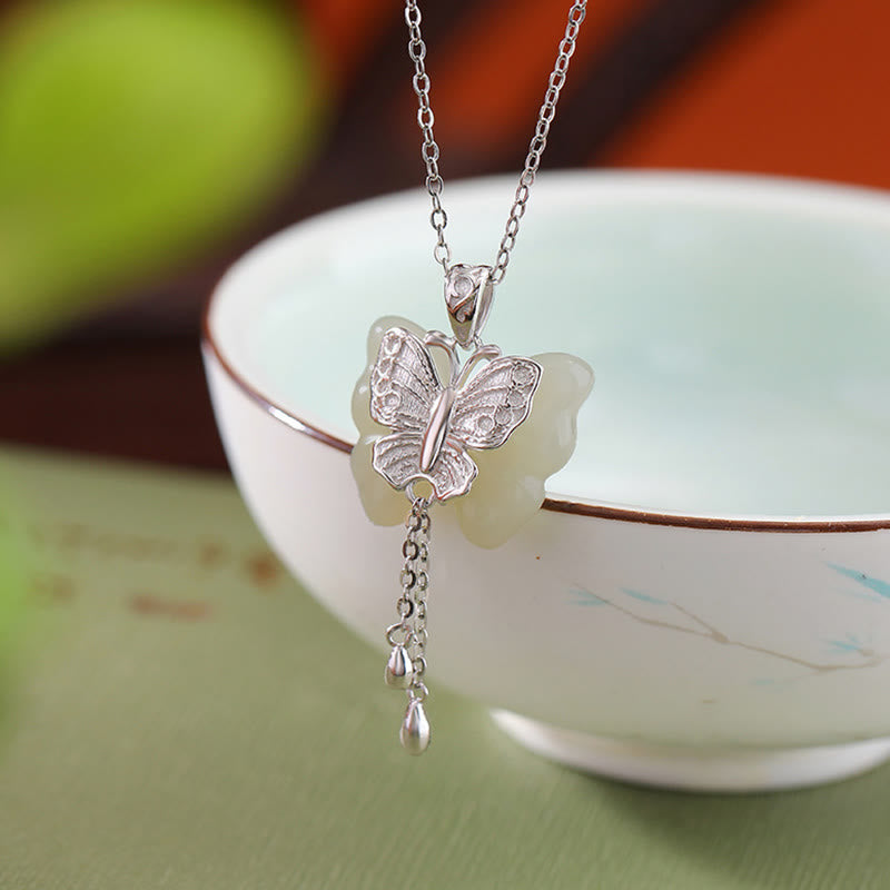 925 Sterling Silver Plated Gold Hetian White Jade Butterfly Blessing Necklace Pendant - Image 10