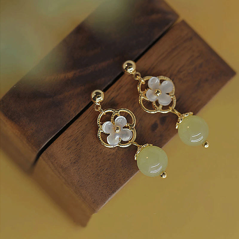 Tridacna Stone Flower Jade Bead Blessing Drop Earrings - Image 3