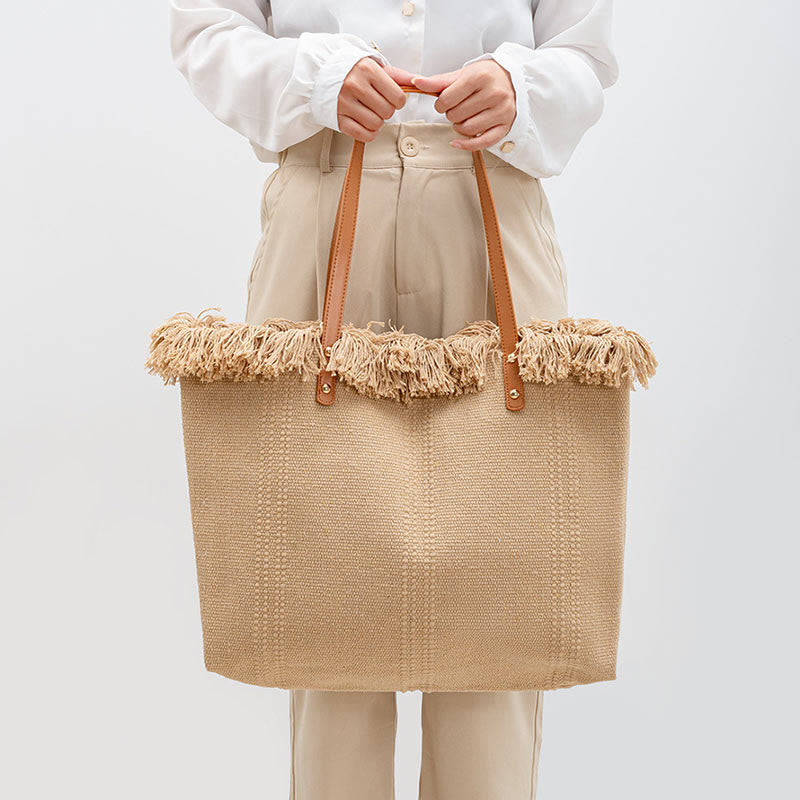 Large Capacity Solid Color Tassel Canvas Tote Shoulder Bag