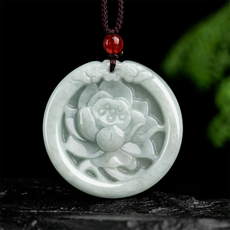 Natural Jade Lotus Flower Carved Prosperity Necklace Pendant