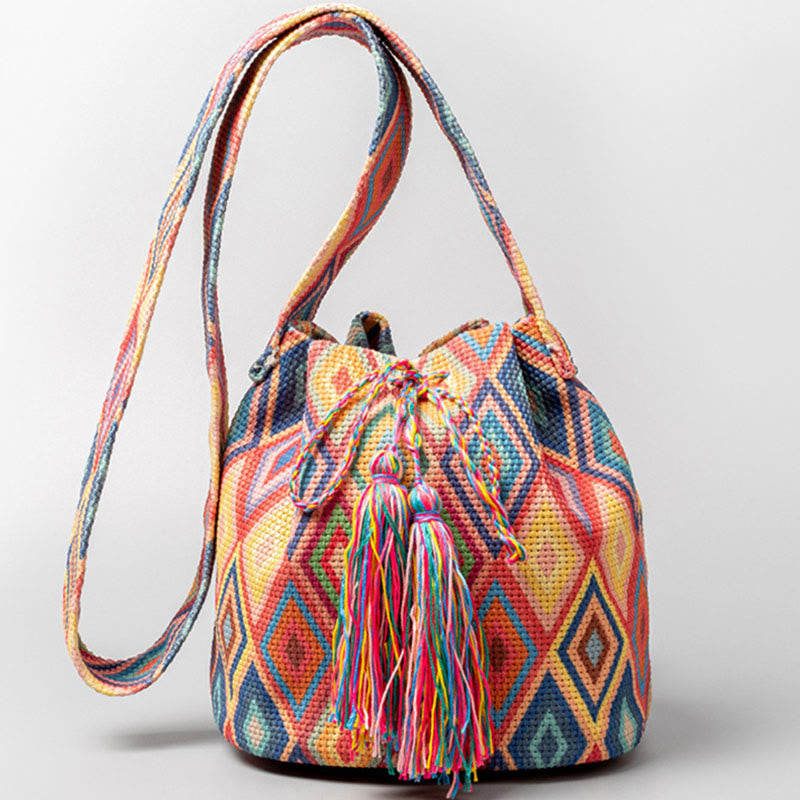 Colorful Geometry Flowers Print Canvas Bucket Crossbody Bag Shoulder Bag