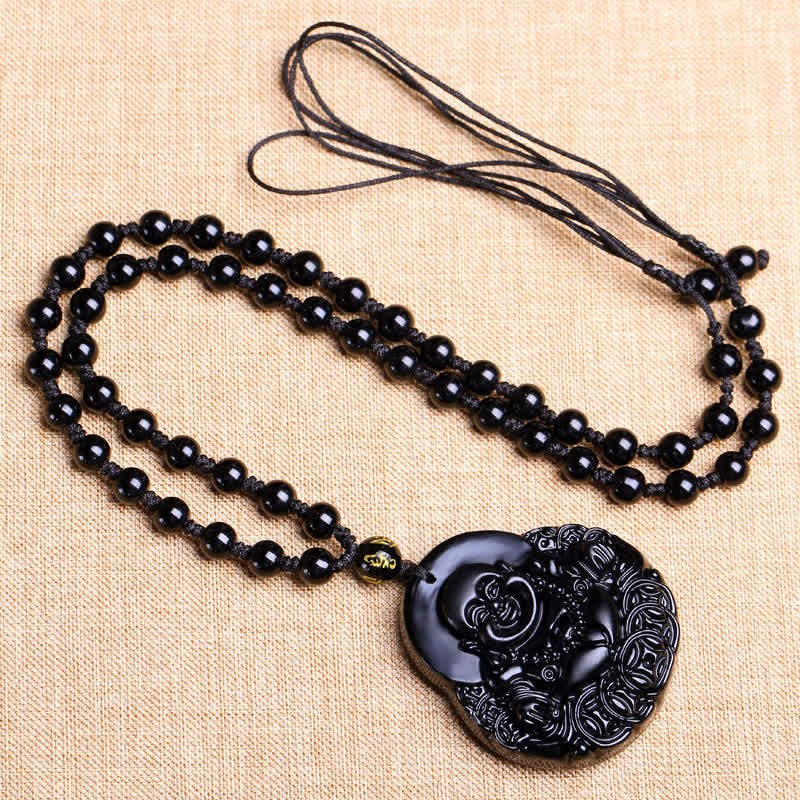 Laughing Buddha Black Obsidian Strength Protection Pendant Necklace - Image 5