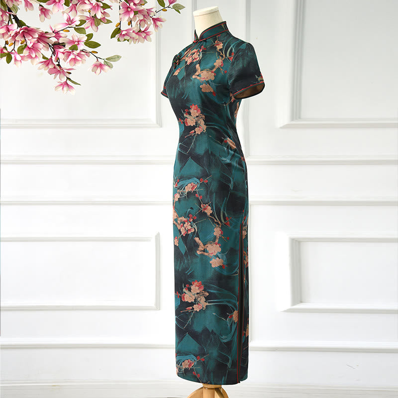 Vintage Pink Flowers Print Cheongsam Dress Women's Qipao Dress - Image 4