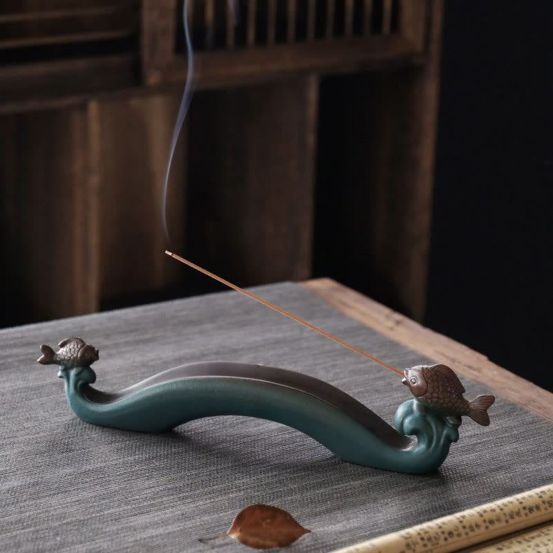 Double Koi Fish Mountain Healing Ceramic Stick Incense Burner Decoration