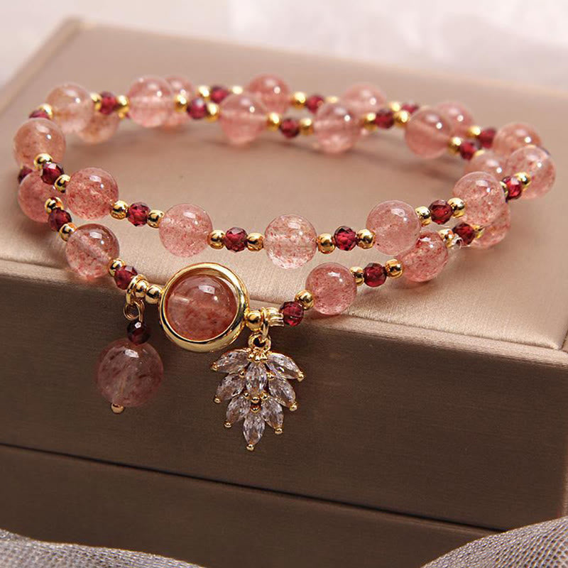 Natural Strawberry Quartz Love Healing Maple Leaf Charm Double Wrap Bracelet - Image 9
