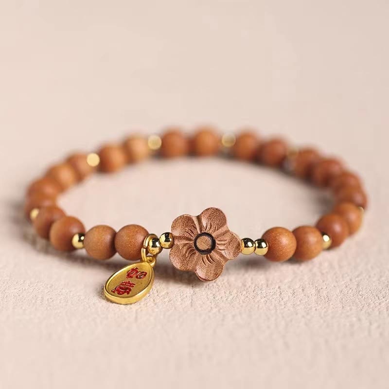 Natural Sandalwood Peach Blossom Small Leaf Red Sandalwood Ruyi Charm Protection Bracelet