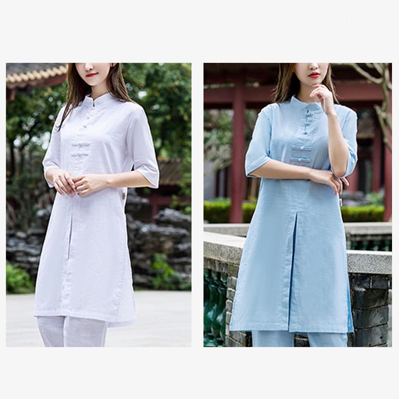 2Pcs Half Sleeve Shirt Top Pants Meditation Zen Tai Chi Linen Clothing Women's Set - Image 19