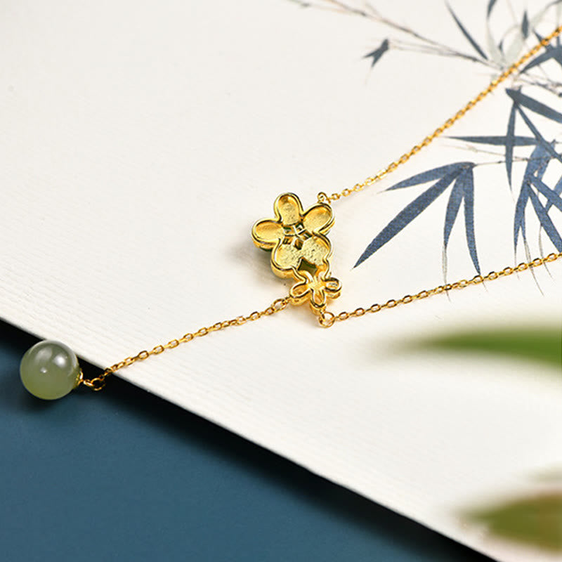 925 Sterling Silver Hetian Cyan Jade Plum Flower Blossom Design Luck Necklace Pendant - Image 6