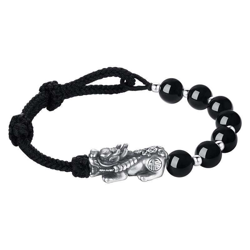 999 Sterling Silver FengShui PiXiu Natural Black Obsidian 925 Sterling Silver Bead Strength Bracelet - Image 12