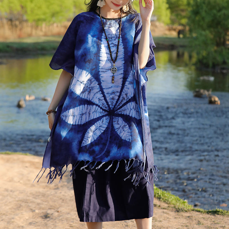 Blue Batik Shawl Tassels Maple Leaf Cozy Travel Pullover 95*90cm - Image 9