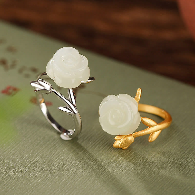 925 Sterling Silver Plated Gold Rose Flower Hetian White Jade Happiness Ring