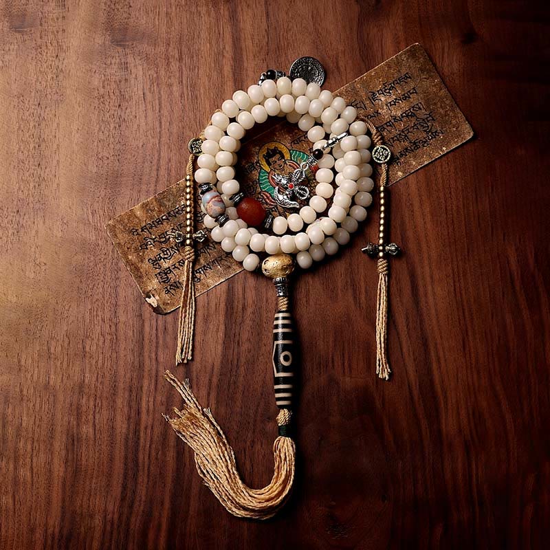 Tibet 108 Mala Beads Bodhi Seed Bagua Vajra Dzi Bead Gray Agate Wealth Bracelet - Image 11
