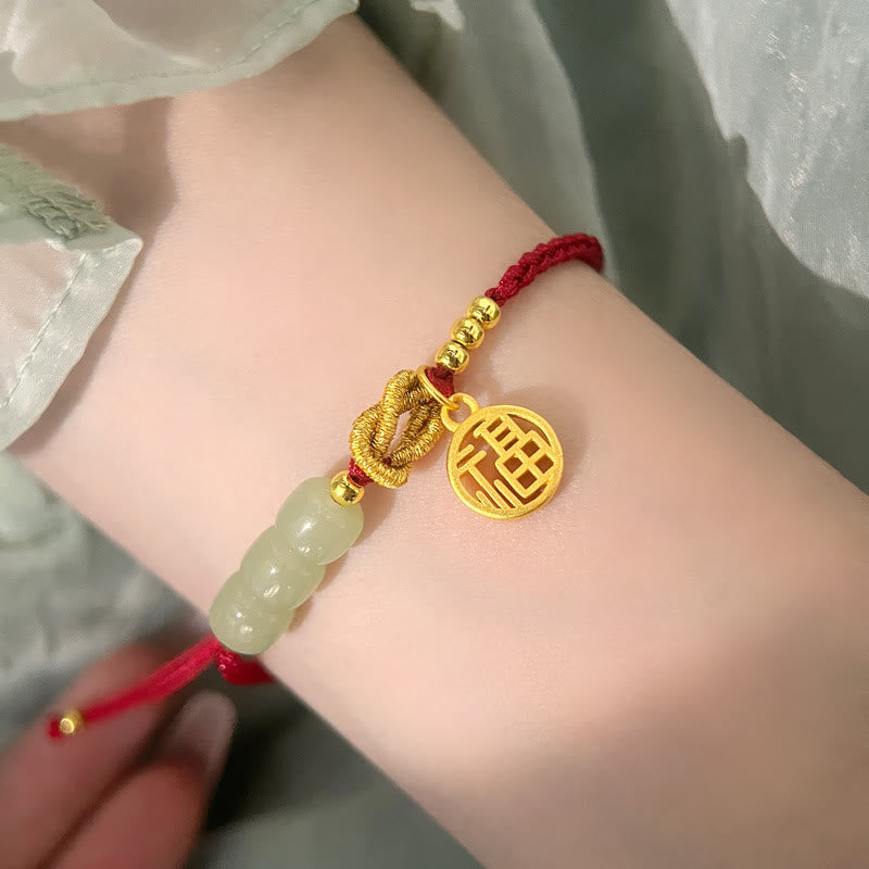 Handcrafted Jade Bead Fu Character Charm Luck Red Rope Bracelet - Image 11