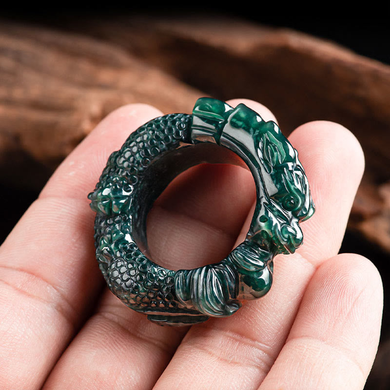 Natural Cyan Jade Dragon Carved Success Ring - Image 6