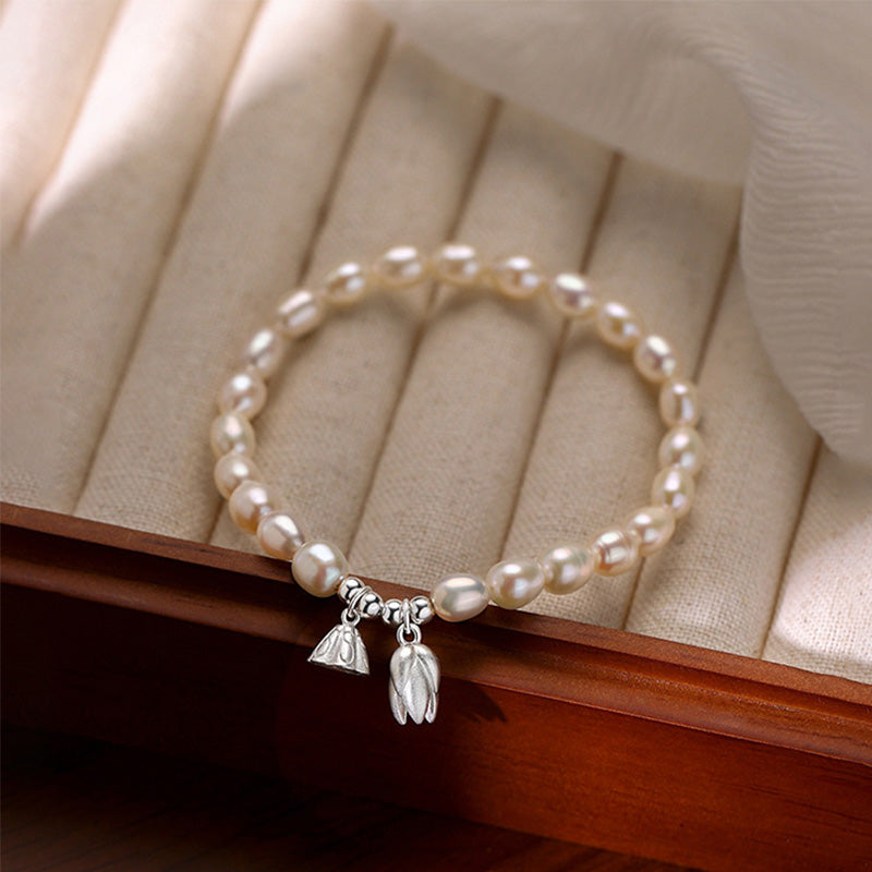 999 Sterling Silver Lotus Flower Pod Natural Pearl Healing Bracelet - Image 3