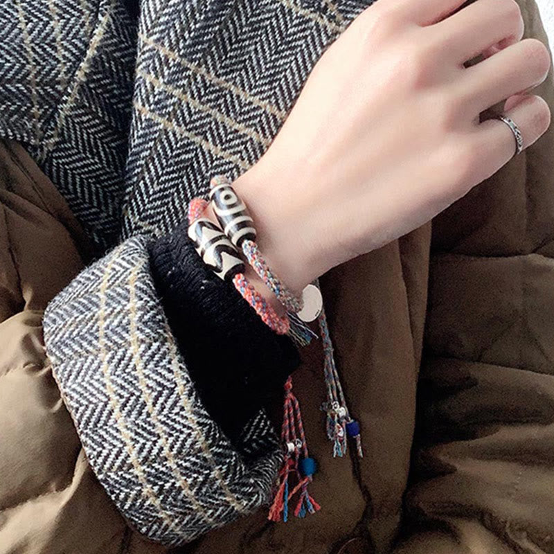 Tibetan 925 Sterling Silver Om Mani Padme Hum Handmade Dzi Bead Protection Braid Bracelet - Image 4