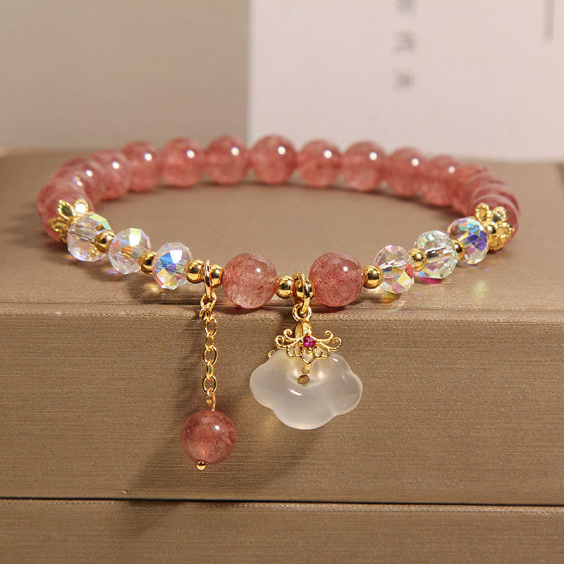 Natural Strawberry Quartz Crystal White Agate Auspicious Cloud Healing Bracelet