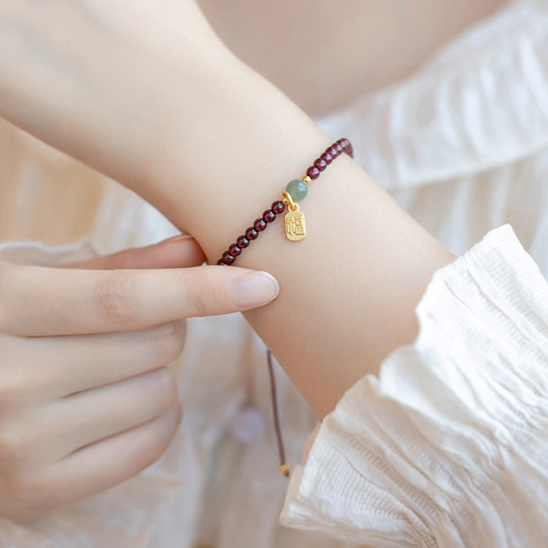 Natural Strawberry Quartz Garnet Jade Lucky Fortune Fu Character Healing Charm Bracelet - Image 16