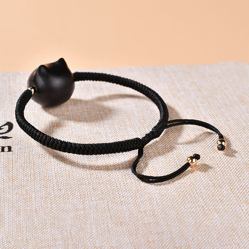 Ebony Wood Cat Head Pattern Peace King Kong Knot Braided Bracelet - Image 17