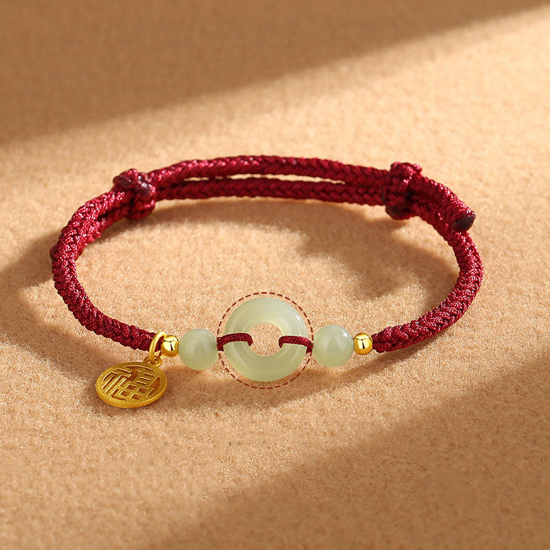 925 Sterling Silver Hetian Jade Peace Buckle Fu Character Charm Abundance Bracelet