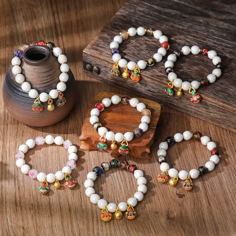 Gold Swallowing Beast Family Charm Liuli Glass Colorful Porcelain Bead Luck Bracelet - Image 2