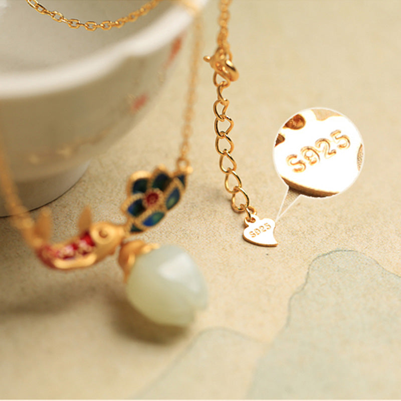 925 Sterling Silver White Jade Koi Fish Lotus Protection Necklace Pendant - Image 7