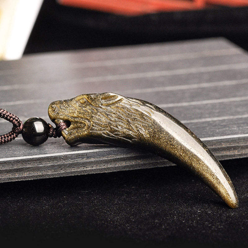 Natural Black Obsidian Ice Obsidian Rainbow Obsidian Wolf Tooth Pattern Strength Necklace Pendant - Image 22