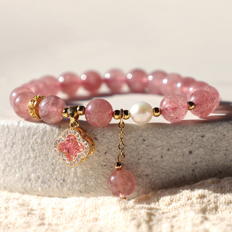 Strawberry Quartz Pearl Four Leaf Clover Charm Healing Bracelet - Image 9