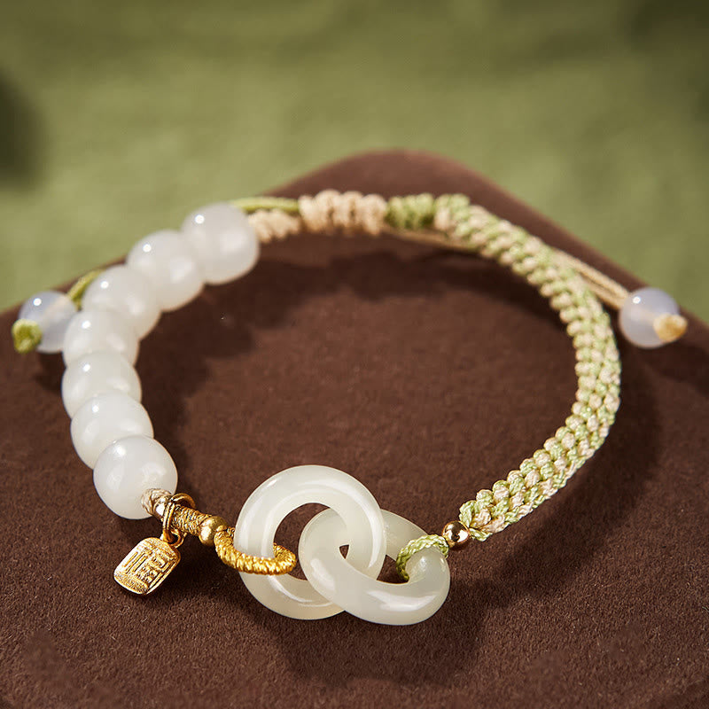 Natural Hetian Jade Bead Double Peace Buckle Fu Character Abundance Braided Bracelet