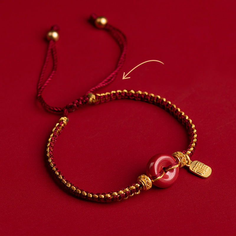 Natural Cinnabar Peace Buckle Fu Character Charm Blessing Braided Bracelet - Image 3