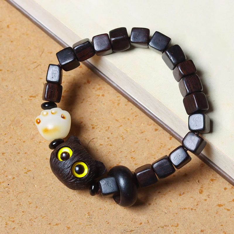 Ebony Wood Cute Cat Bodhi Seed Paw Claw Square Beads Calm Bracelet