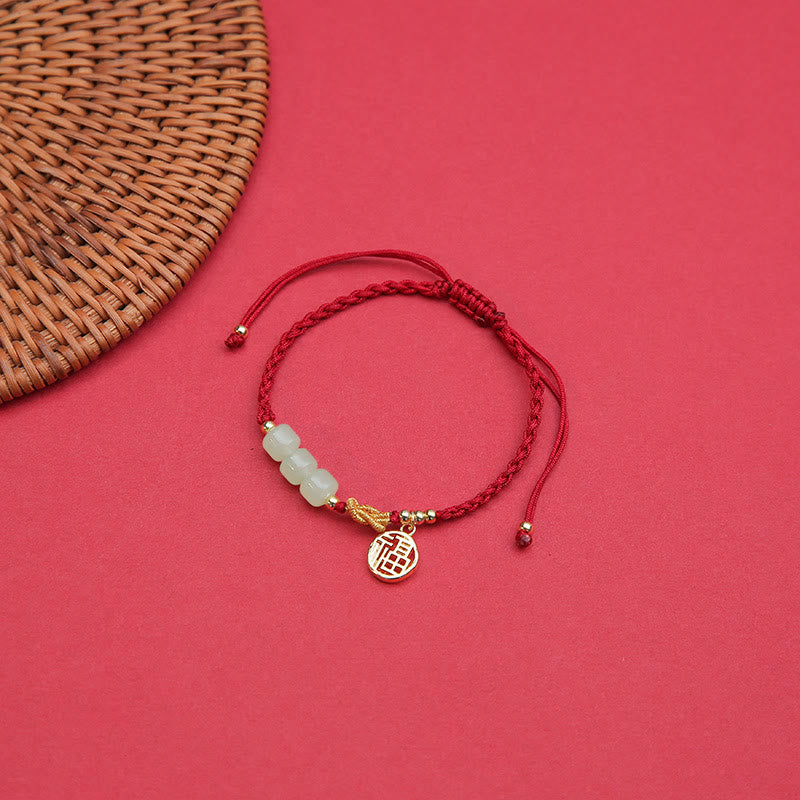 Handcrafted Jade Bead Fu Character Charm Luck Red Rope Bracelet - Image 4