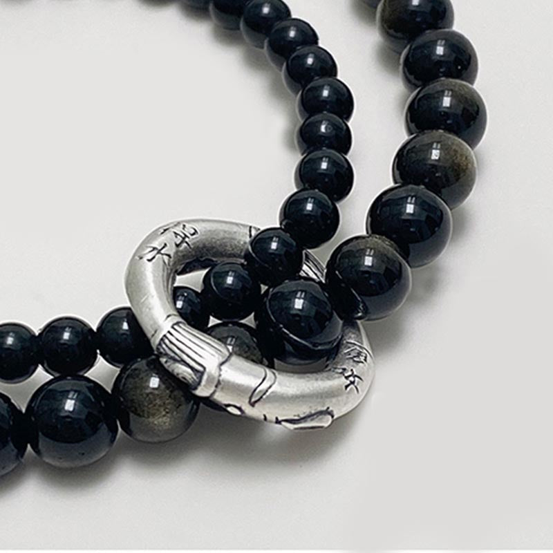 999 Sterling Silver Black Obsidian Fulfillment Strength Double Layer Bracelet - Image 4