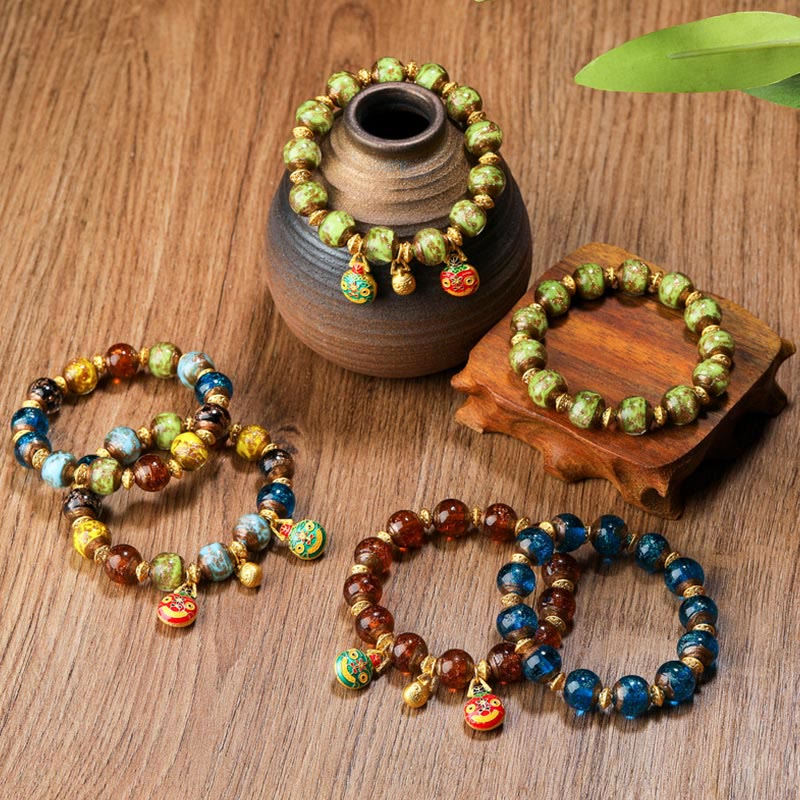 Gold Swallowing Beast Family Charm Liuli Glass Bead Fortune Bracelet