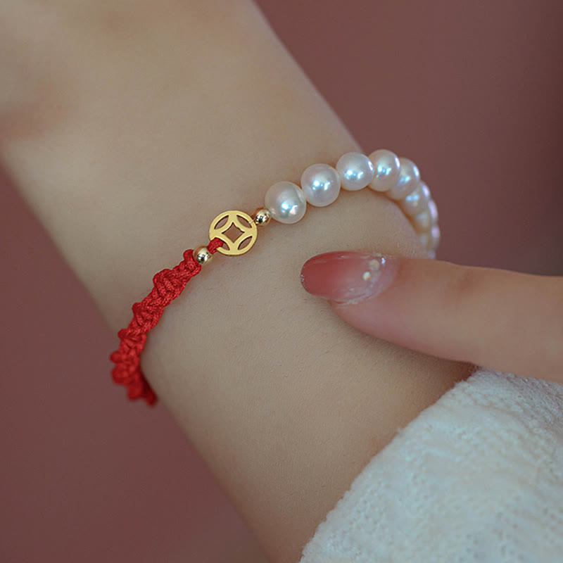 14K Gold Plated Pearl Bead Luck Protection Braid Red String Bracelet - Image 8
