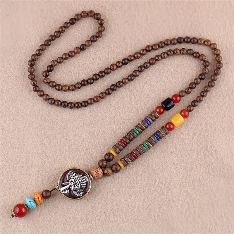 Tibetan Wenge Wood Bodhi Seed Agate Elephant Protection Necklace Pendant - Image 11