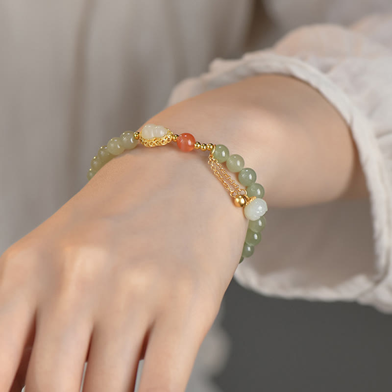 925 Sterling Silver Hetian Jade Gourd Lotus Abundance Luck Bracelet - Image 8