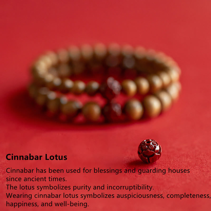 Peach Wood Lotus Cinnabar Luck Wealth Bracelet - Image 5