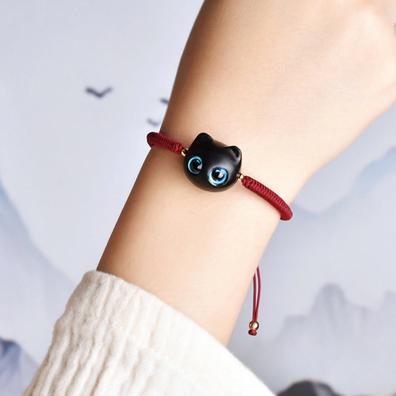 Ebony Wood Cat Head Pattern Peace King Kong Knot Braided Bracelet - Image 6