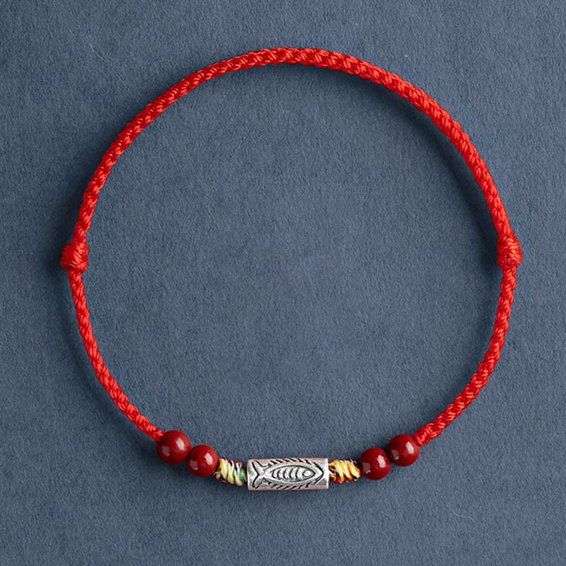 925 Sterling Silver Koi Fish Cinnabar Bead Wealth Handcrafted Braided Bracelet Anklet - Image 11