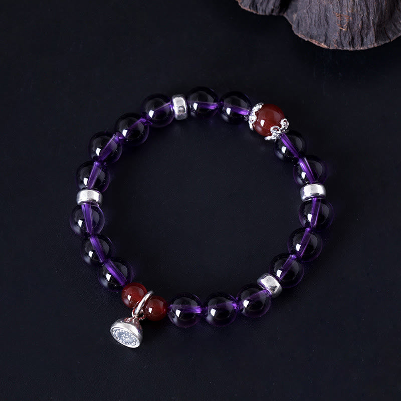 925 Sterling Silver Natural Amethyst Red Agate Lotus Positive Bracelet