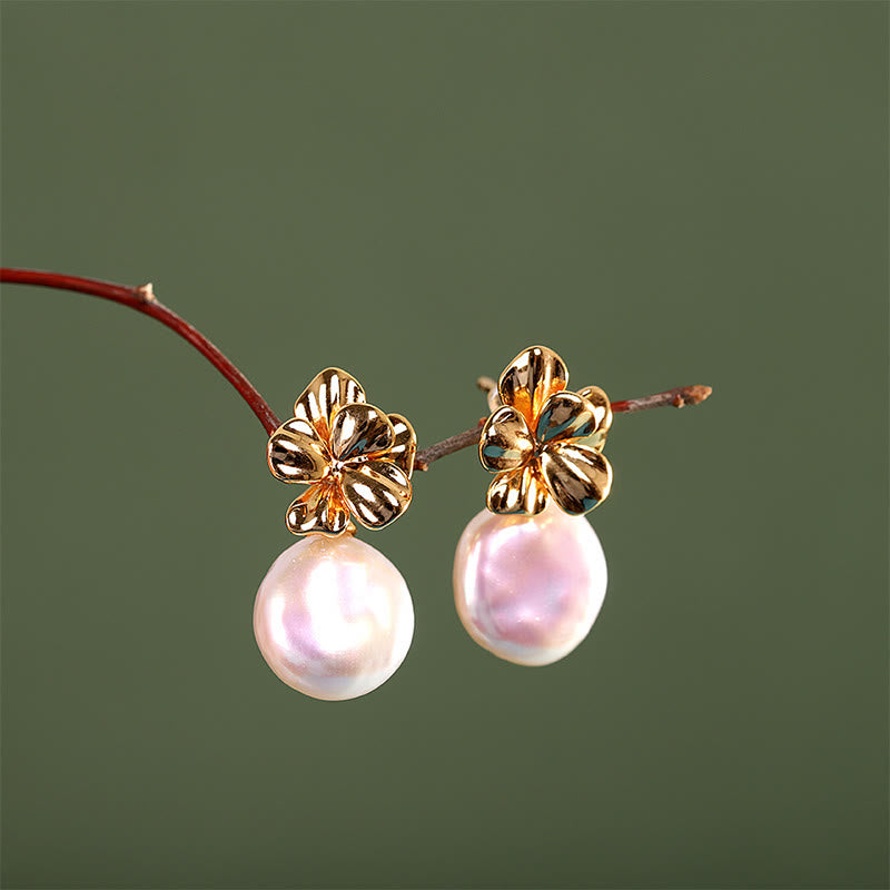 925 Sterling Silver Natural Baroque Pearl Flower Healing Drop Earrings - Image 5