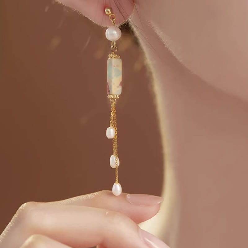 925 Sterling Silver Posts Shoushan Stone Pearl Healing Drop Earrings - Image 4