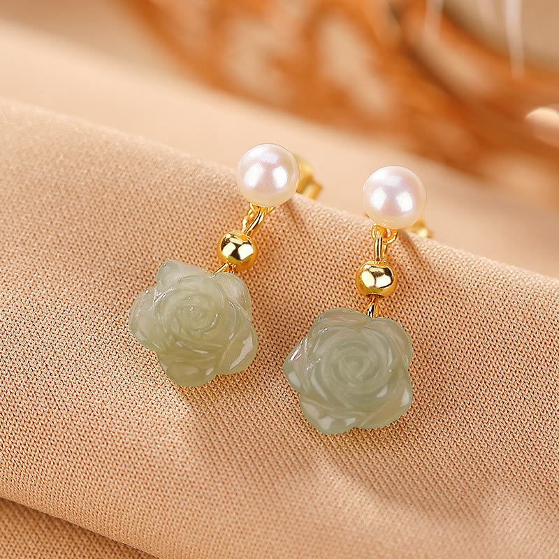 925 Sterling Silver Plated Gold Jade Rose Flower Cyan Jade Pearl Luck Earrings - Image 11