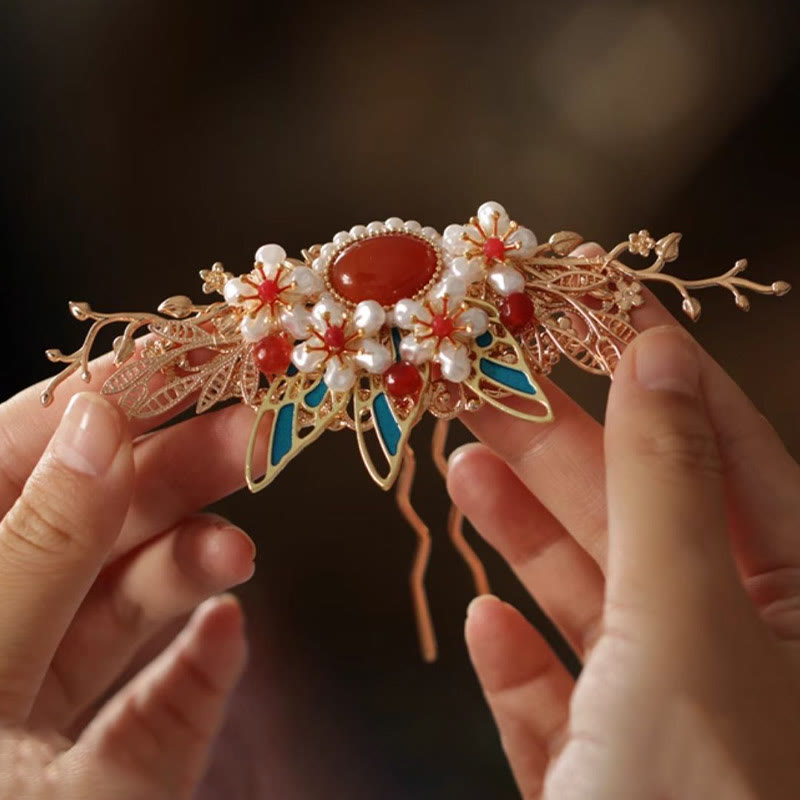 Classical Chinese Style Flower Branche Butterfly Pearl Tassel Hair Clip Hair Comb Hair Crown - Image 20