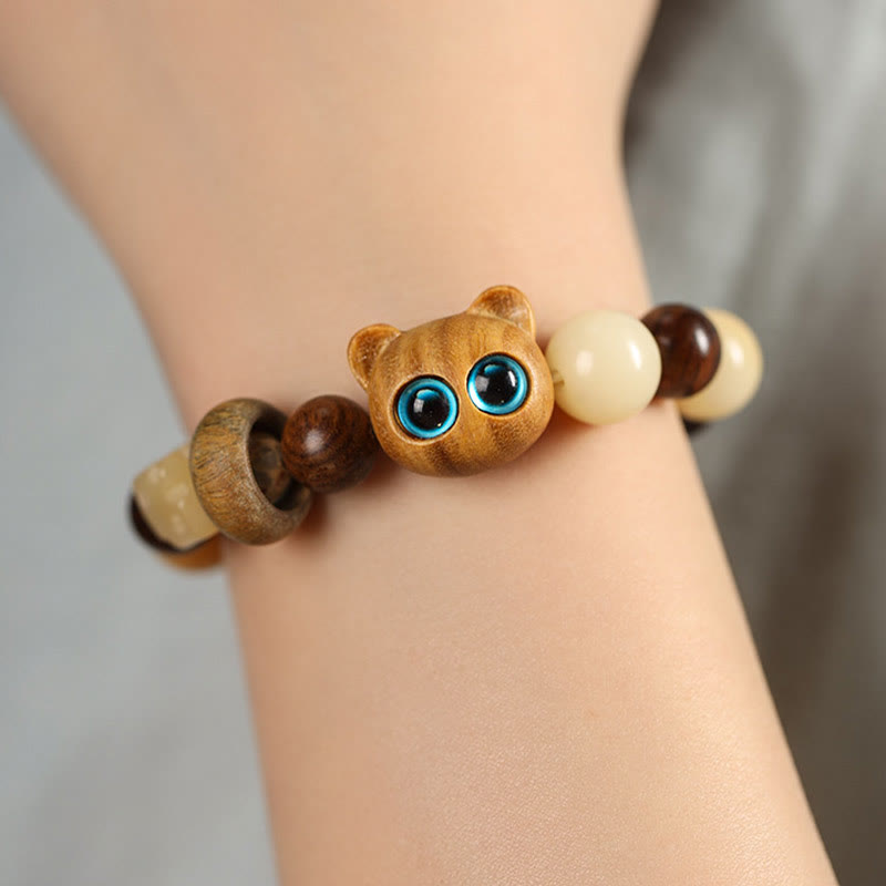 Natural Bodhi Seed Sandalwood Lucky Cute Cat Head Paw Claw Peace Bracelet - Image 10