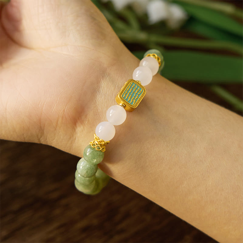 Natural Green Jade White Agate Five Scriptures Abundance Bracelet - Image 7