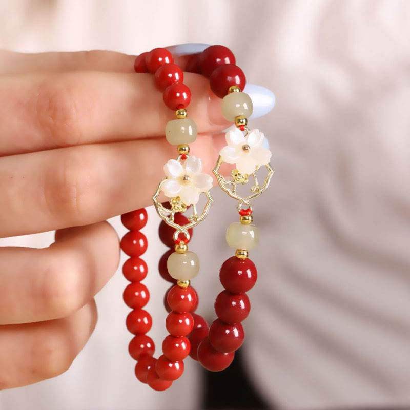 Natural Cinnabar Jade Beaded Tridacna Stone Flower Blessing Bracelet - Image 2