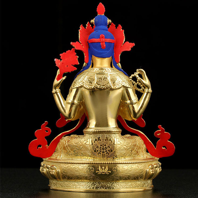 Chenrezig Four-armed Avalokitesvara Protection Copper Gold Plated Statue Decoration - Image 8