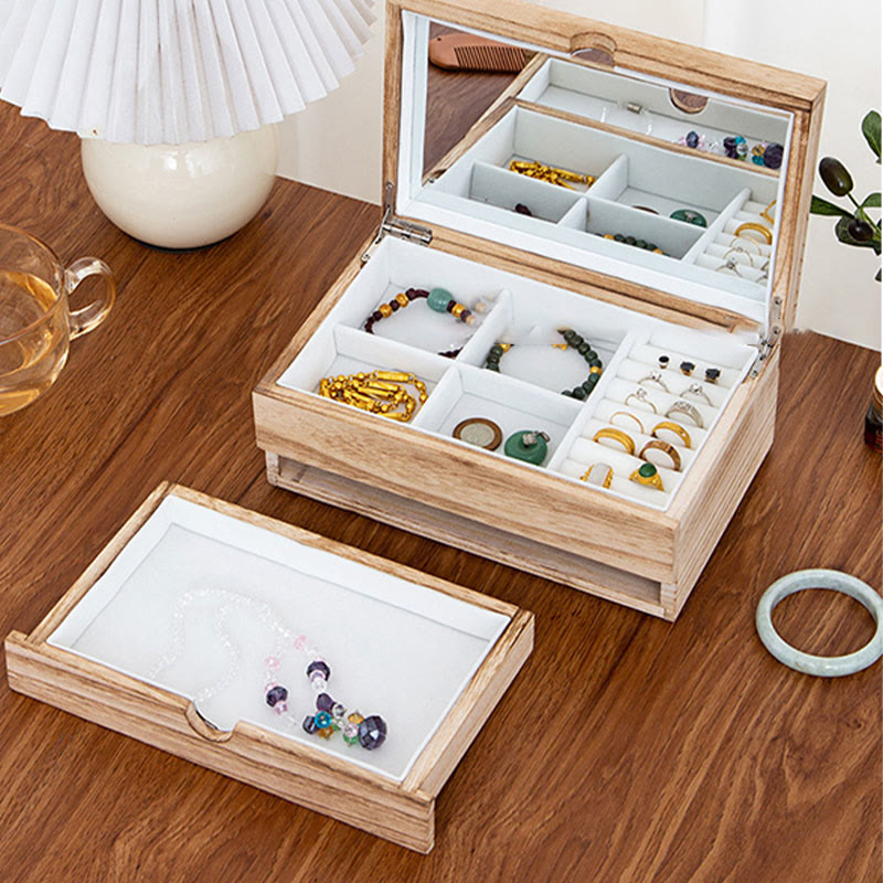 Retro Beige Wooden Jewelry Box Two-Layer Jewelry Storage Box With Mirror - Image 6